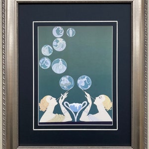 May include: Two women in a vintage art deco style illustration blow bubbles that contain images of women in dresses. The background is a muted green color.