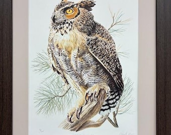 May include: A detailed illustration of a Great Horned Owl perched on a branch. The owl has a yellow eye, brown and gray feathers, and sharp talons. The illustration is signed "Val Tinn" in the bottom right corner.