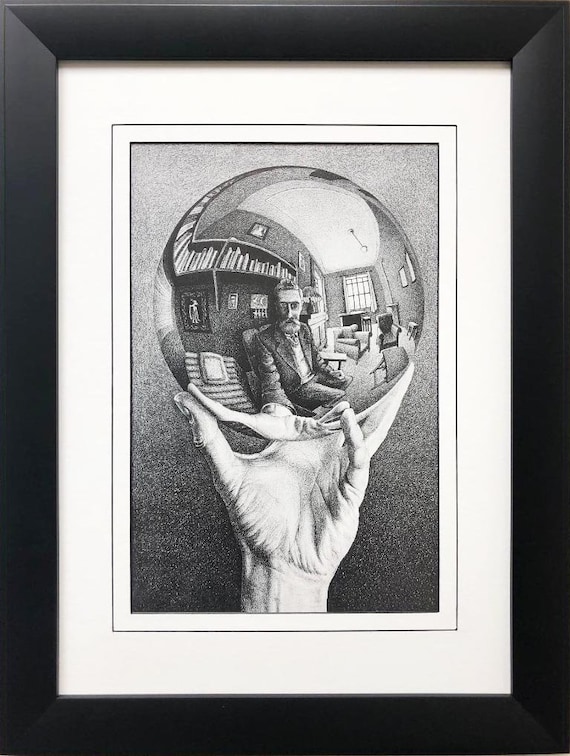 新品【蔵出し】大型 エッシャー 写像球体を持つ手　複製画　レプリカ M.C.Escher 