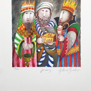 May include: A watercolor painting of three wise men, each wearing a crown and colorful robes. The man in the center holds a box of gold, the man on the left holds a golden chalice, and the man on the right holds a golden vessel. The painting is signed "January G. Rodolfo Benavente" and numbered "357/495".