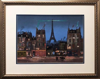 Michel Delacroix "Tour Eiffel La Nuit" Lithographie en pierre encadrée