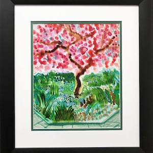 May include: A watercolor painting of a pink flowering tree with green foliage in the background.