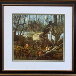 May include: A framed illustration of a spooky, overgrown forest with a house in the background. The house has a sign that reads "For Sale." There are several jack-o'-lanterns and ghostly figures in the scene.