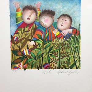 May include: A watercolor painting of three children in a garden setting. The children are wearing colorful clothing and are holding Easter eggs. The painting is signed "April" and "G. Reed Belton".