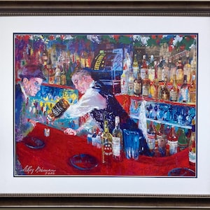 May include: A framed painting depicts a bar scene with a bartender pouring a drink for a customer. The bar is red, and the shelves are stocked with bottles. The artwork is signed by the artist, LeRoy Neiman, and dated 2002.