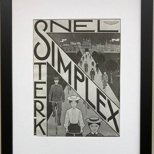 May include: A black and white vintage advertisement for Snel Simplex Terk bicycles. The ad features a group of people riding bicycles down a road with a city in the background. The text "Snel Simplex Terk" is written in a stylized font.