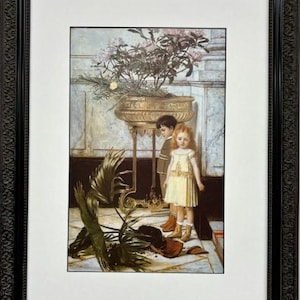 May include: A vintage illustration of two children standing in a room with a large potted plant that has been knocked over. The children are looking down at the plant, which is broken. The room is decorated with a white wall and a gold-colored stand.