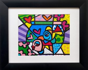 Romero Britto &quot;Fish Bowl&quot; NEWLY CUSTOM FRAMED Art Print