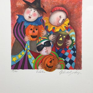 May include: Three children dressed in Halloween costumes are holding jack-o'-lanterns. The child on the left is wearing a purple and yellow striped costume with a witch's hat. The child in the middle is wearing a green and yellow striped costume with a mask. The child on the right is wearing a red, yellow, and blue checkered costume with a jester's hat. The image is signed "October" and "Gildo Bosky".