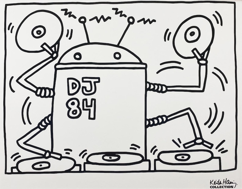 K&ouml;nnte beinhalten: Schwarz-wei&szlig;-Zeichnung eines Roboter-DJs mit drei Plattenspielern und dem Text "DJ 84".