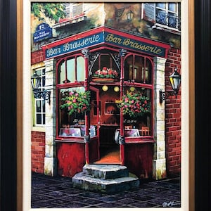 May include: A painting of a Parisian bar called "Bar Brasserie" with a red awning and a red door. The bar has a large window with a view of the street. There are flowers hanging from the window and a sign above the door that says "12 Rue Bella Violette".