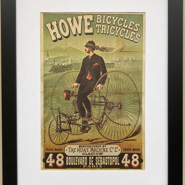 Vintage  Bicycle Poster "Howe Bicycles & Tricycles" (1878)  Framed Art