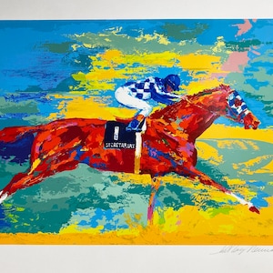 May include: A colorful painting of a red racehorse named "Secretariat" running with a jockey on its back. The background is a vibrant blue sky with yellow and green clouds.