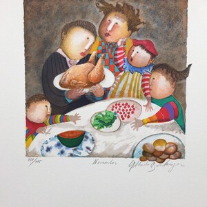 May include: A watercolor painting of a family gathered around a table for a Thanksgiving meal. The table is set with a roasted turkey, a bowl of cranberry sauce, a plate of green beans, and a plate of rolls. The family members are all smiling and enjoying their meal. The painting is signed "November" and "Gilberto Bourjayon".
