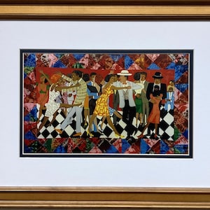 May include: A framed artwork depicting a lively scene of people dancing. The artwork features a colorful patchwork background and a black and white checkered floor. The dancers are dressed in various outfits, with a mix of colors and patterns.