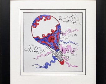 May include: A blue and red hot air balloon with intricate floral designs floats against a white background with pink and blue clouds. The balloon has a white interior and a red basket.