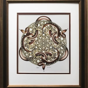 May include: A framed print of a brown snake intertwined with itself in a circular pattern. The snake is surrounded by a detailed, intricate design of woven rope. The print is signed "Pelham" and "Ego Dominus".