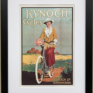 May include: Vintage advertisement for Kynoch Cycles featuring a woman in a white hat riding a bicycle on a path with green grass and a blue sky. The text reads "Kynoch Cycles" and "Kynoch Ltd Birmingham".