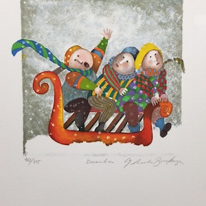 May include: A colorful illustration of three children riding in a red sleigh through a snowy landscape. The children are wearing colorful hats, scarves, and coats. The image is signed "December J. Roberto Borquez" and numbered "404/425".