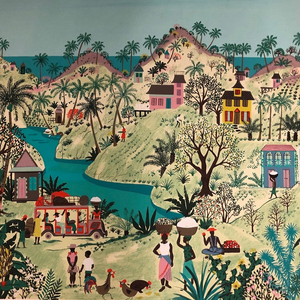 Jack Hofflander "Bus Stop" Serigraph African Jamaican Caribbean Village ART