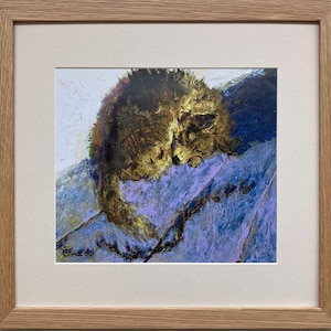 May include: A painting of a curled up cat with a golden brown fur, sleeping on a purple and blue textured surface.