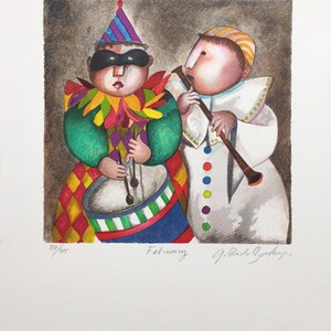 May include: A colorful illustration of two figures in clown costumes. One figure plays a drum while the other plays a flute. The illustration is titled "February" and signed "G. Raul Rodriguez".