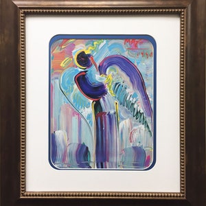 May include: A framed abstract painting of a colorful bird with a purple wing, blue and yellow accents, and the artist's signature "MAC 1990" in the upper right corner.