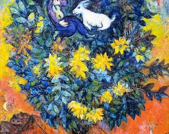子犬　Marc Chagall 抽象画 金色フレーム Marc Chagall, L' ange au chandelier (Angel with Candlestick