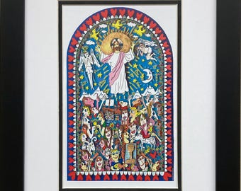 May include: A colourful, illustrated print depicting a scene of Jesus ascending to heaven with angels and a crowd of people below. The print is framed in a black frame with a white mount.