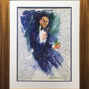 May include: A watercolor painting of a man in a tuxedo holding a microphone. The background is a blue wash with handwritten lyrics in black ink. The painting is signed "Bobby Ryman 80".