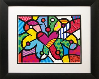 Romero Britto "Heart Butterfly" NEWLY CUSTOM FRAMED Art Print