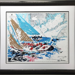 May include: A colorful abstract painting of sailboats racing on a nautical chart. The painting is signed by the artist, "Alan H.  Manson" and "Gary  Homan".