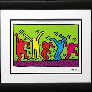 May include: A colorful print of five figures dancing on a green background. The figures are outlined in black and filled in with red, yellow, blue, pink, and orange. The print is signed "Keith Haring Collection" in the bottom right corner.