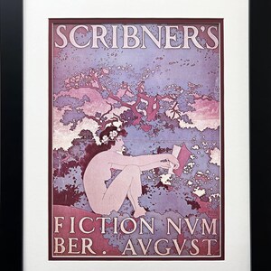 May include: A vintage magazine cover for Scribner's Magazine, featuring a woman sitting in a forest setting, reading a book. The cover is in shades of purple and pink, with the text "FICTION NUMBER. AUGUST" at the bottom.
