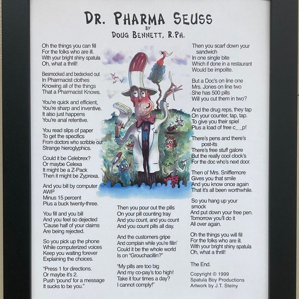 Doug Bennett R. PH "Dr. Pharma Seuss" Framed Art Pharmacy Humor Pharmacist NEW