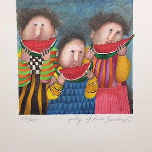 May include: Three children with colorful clothing are eating watermelon. The image is a watercolor painting with a blue background. The painting is signed "July G. Robb Borstmayer" and numbered "359/435".