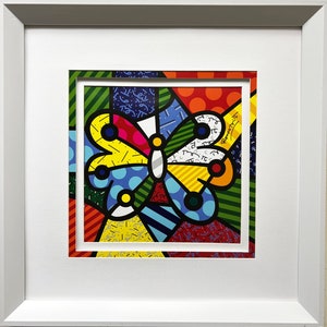 Romero Britto &quot;Garden Butterfly&quot; WHITE CUSTOM FRAMED Matted Art Print
