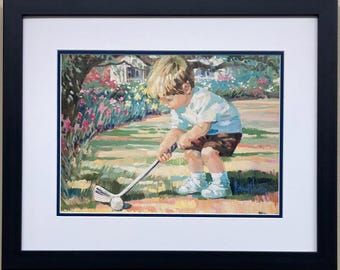 Corinne Hartley &quot;Just Like Dad&quot; New CUSTOM FRAMED Art Lithograph Golf Cute Kids