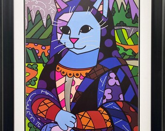 Romero Britto &quot;Mona Cat (Metallic)&quot; New Custom FRAMED ART PRINT