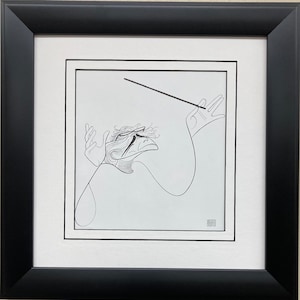 May include: Black and white line drawing of a conductor with a baton in hand, conducting an orchestra. The drawing is framed in a black frame with a white mat.