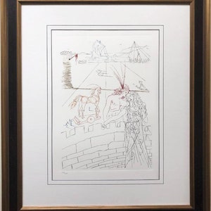 May include: A black and white line drawing of a woman with a horse and a man in the background. The woman is standing on a wall with a brick pattern. The man is lying down with his head on the woman's lap. The horse is standing on a platform with a wheel. There are ships in the background.