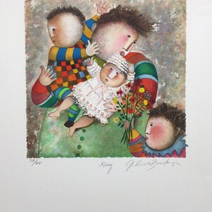 May include: A watercolor painting of a family with four people. The mother is holding a baby in her arms, while the two older children are standing next to her. The mother is wearing a green dress with red and white stripes, and the baby is wearing a white dress with pink accents. The older children are wearing colorful clothing. The painting is signed "May" and "G. Rosa Boulay".