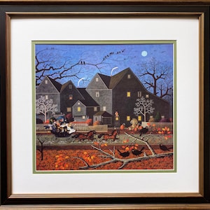 May include: A vintage Halloween illustration of a group of people riding in a horse-drawn carriage past a row of dark, spooky houses. The houses have lit windows and are decorated with pumpkins and other Halloween decorations. The sky is a dark blue with a full moon and a few stars. There are crows flying overhead.