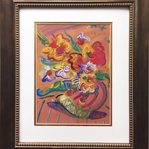 May include: A colorful abstract painting of flowers in a vase. The flowers are painted in shades of red, yellow, orange, pink, and green. The vase is painted in shades of blue, green, and purple. The background is a light peach color.