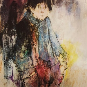 May include: A watercolor painting of a young person wearing a blue scarf and a jacket. The person is standing in front of a colorful background.