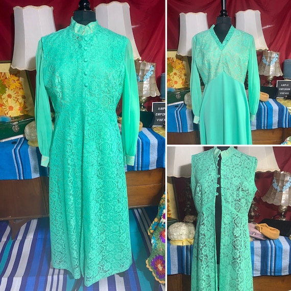 sleeves green prom dress MACloth Mermaid Long Sleeves Lace Satin Prom Dress Green Formal Evenin main image 1