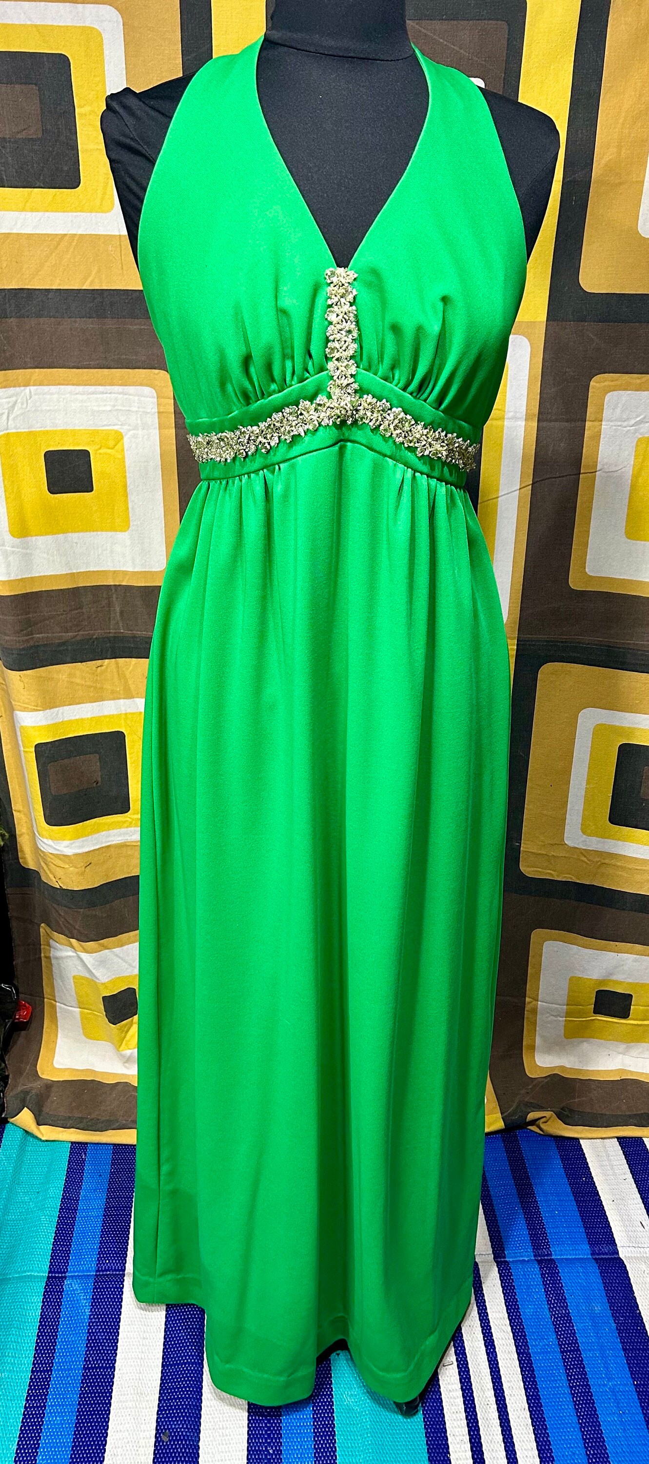 Kelly Green Halter Maxi with Silver Brocade Detailing, Sz. Small