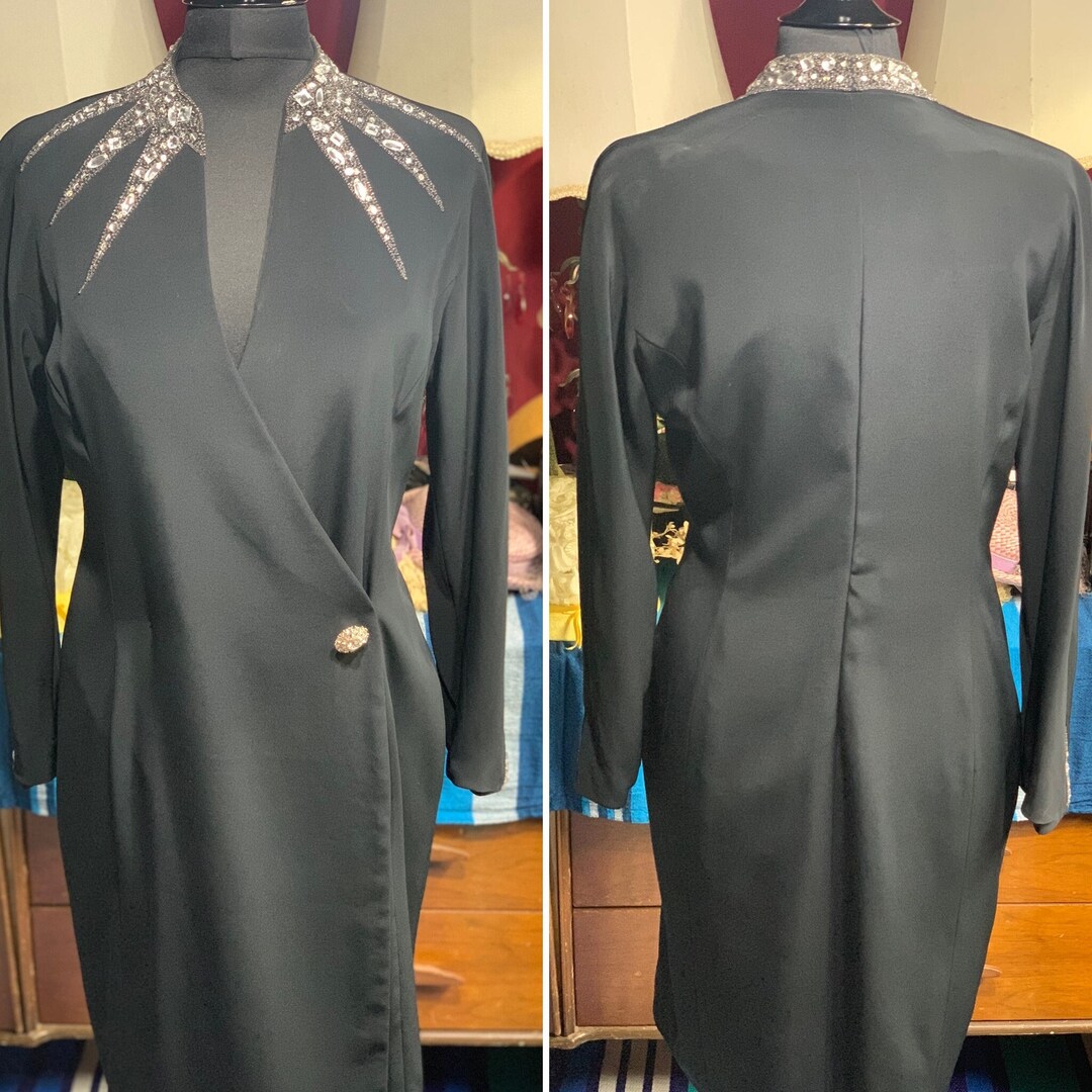 Vintage Black Beaded Wrap Dress, Sz XL Etsy