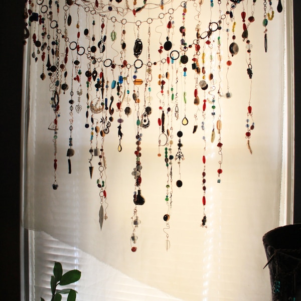 Gypsy Window Veil Diamond Eye Beaded Boho curtain w/Ethnic India Glass, Tribal metal beads,  Rare Copper Upcycle Scarf Suncatcher