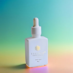 May include: A white, square-shaped bottle with a dropper top. The bottle has gold text that reads "ESSENCE EMBODY DIVINE" and "SIDDIC DROPS". The background is a gradient of teal, green, and yellow.